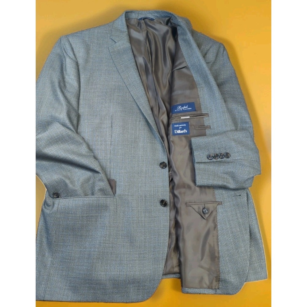 Ralph Lauren Suit Jacket Size 50L Silk Wool Blend 2 Button Brushed Plaid Grey